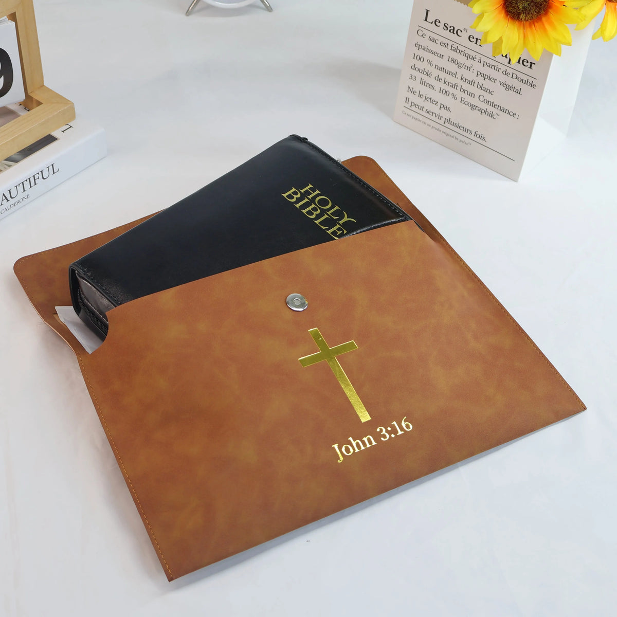Pu Leather Bible Cover with Cross John 3:16, Christian Holy Bible Case & Church Document Organizer, Portable Religious Gift Bag