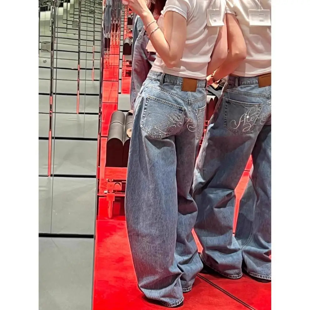 Women Jeans Spliced Straight Pants Jean Denim Washed Full Length Pants Loose Pockets High Waist Zipper Fly Distressed Basics