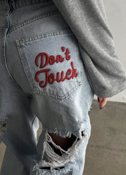 Women's ripped embroidered jeans low-waist straight jeans classic regular fit jeans comfortable and stretchy vintage clothing