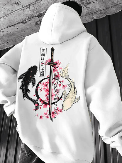 Men's autumn/winter fashionable printed hooded fleece sweatshirt versatile sporty casual loose oversized hooded top unisex style