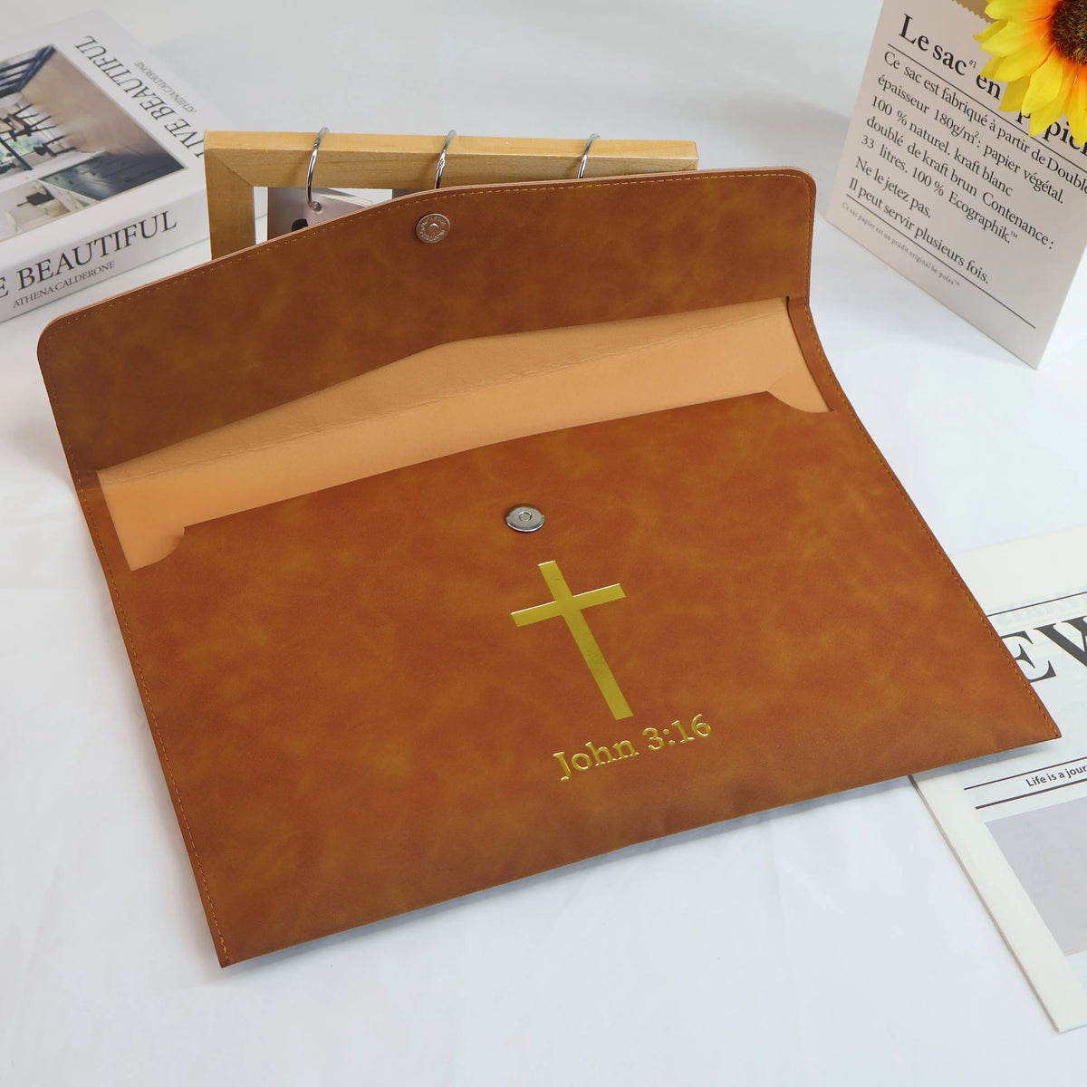Pu Leather Bible Cover with Cross John 3:16, Christian Holy Bible Case & Church Document Organizer, Portable Religious Gift Bag