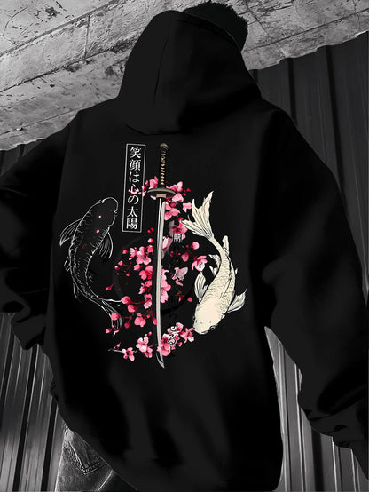 Men's autumn/winter fashionable printed hooded fleece sweatshirt versatile sporty casual loose oversized hooded top unisex style