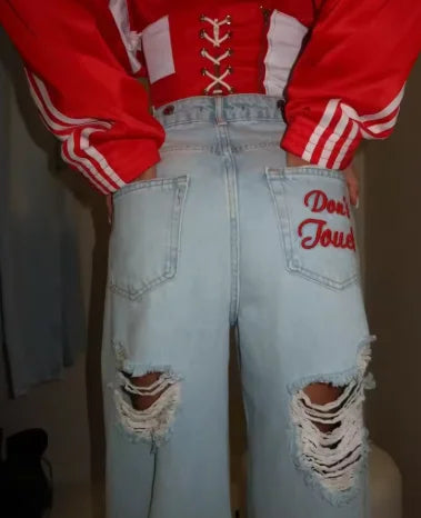 Women's ripped embroidered jeans low-waist straight jeans classic regular fit jeans comfortable and stretchy vintage clothing