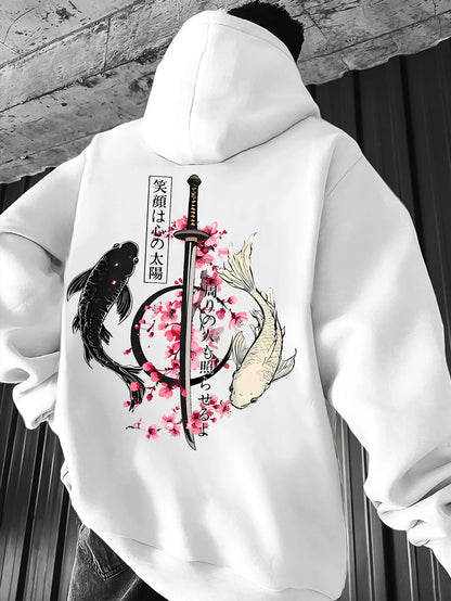 Men's autumn/winter fashionable printed hooded fleece sweatshirt versatile sporty casual loose oversized hooded top unisex style