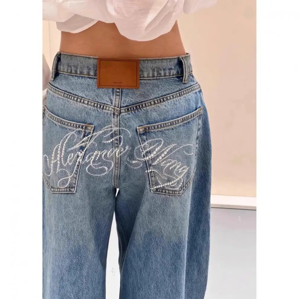 Women Jeans Spliced Straight Pants Jean Denim Washed Full Length Pants Loose Pockets High Waist Zipper Fly Distressed Basics