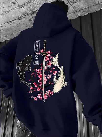 Men's autumn/winter fashionable printed hooded fleece sweatshirt versatile sporty casual loose oversized hooded top unisex style